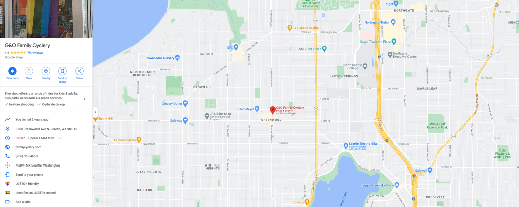 Map of location of G & O Family Cyclery in Seattle.